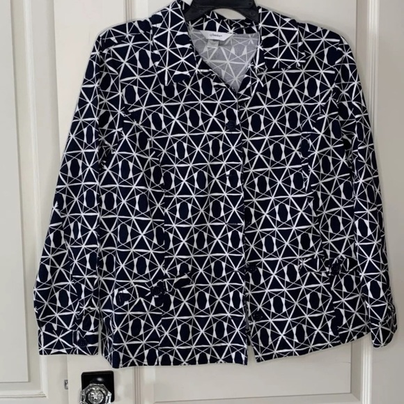 CJ Banks Women’s Jacket Size 1X Button Up Front Pockets Triangle Blue White - Picture 2 of 10